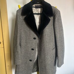 Pendleton Gray Herringbone Pea Coat with Black Faux Fur Collar